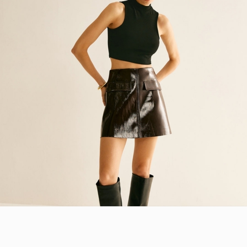 COMMENSE Black Faux Leather Zipper Mini Skirt Small High Waist Moto Gothic Fall